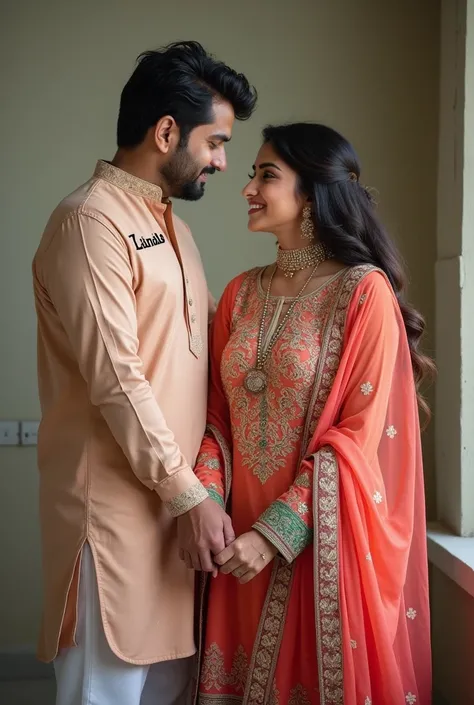 Create a beautiful couple holding hand wearing shirts girl shalwar qameez shirt display Zainab name and boy shirt display Sikandar name plz full view image names can be seen plz show name