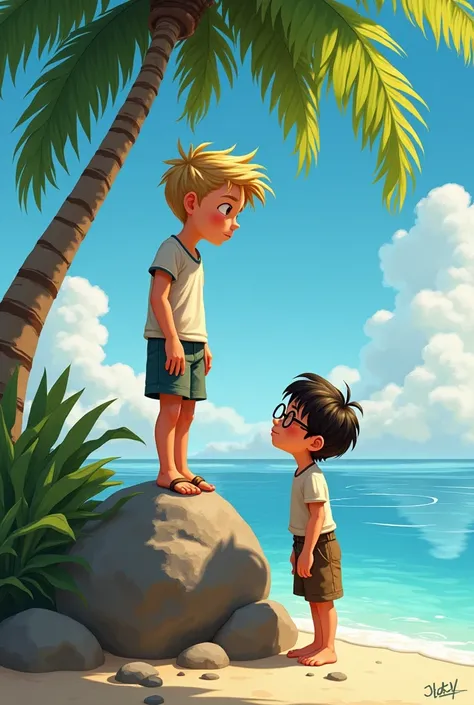 First Encounter*

Create a picture of two boys, one fair-haired and the other chubby with thick glasses, standing near a lagoon on a deserted island. The fair-haired boy should be standing on a rock, looking down at the chubby boy. Include a few palm trees...