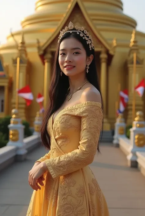 
A beautiful Thai woman, 24 years old, perfect figure, very white skin, big and round eyes, beautiful D-cup breasts, black long straight hair, wearing a traditional Thai Siwalai dress made of luxurious gold silk with intricate floral embroidery, featuring ...