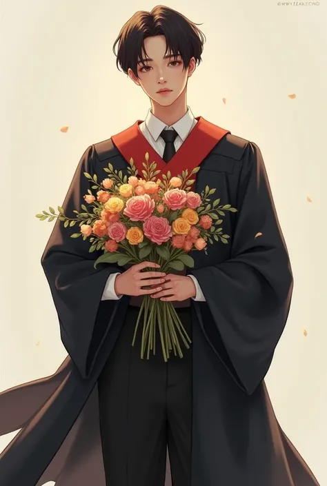 Juncock member of BTS dressed in graduation gown and holding a bouquet of flowers