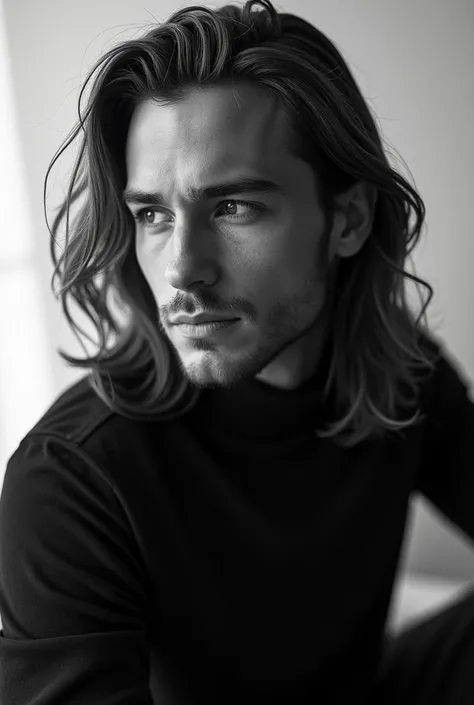 A side profile of a man with long hair, styled in a natural flow. His face is partially turned, emphasizing sharp features and an artistic, thoughtful expression. The image is in black and white, creating a dramatic, high-contrast effect. The background is...