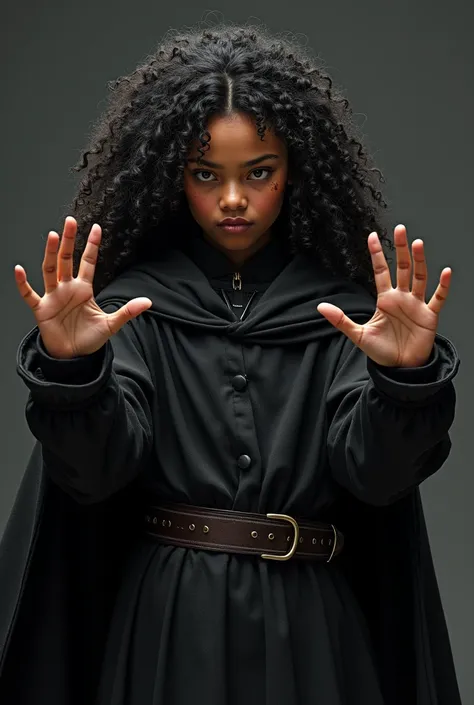 A young girl, pele morena,  black and curly hair at the back of the neck, wearing black medieval clothing ,  with a black hooded cape ,  with both hands raised as a sign of attack 