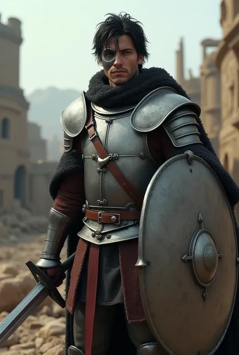 Middle Ages, male, shot, Black hair, article,  One eye hurt and wearing an eye mask,  and holds a shield and sword, Wears steel armor 