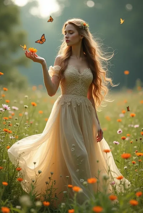  Beautiful girl with wavy long hair , in a beautiful dress , stands in the field and catches butterflies