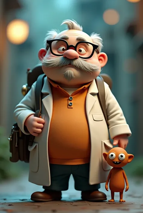 Anime style character of a 60 year old professor wearing black glasses from behind, a lab coat and an orange shirt with a cool design. Wearing a rucksack and a weird alien monster, full body, chubby, an animated character, Stylized character, stubby anime ...