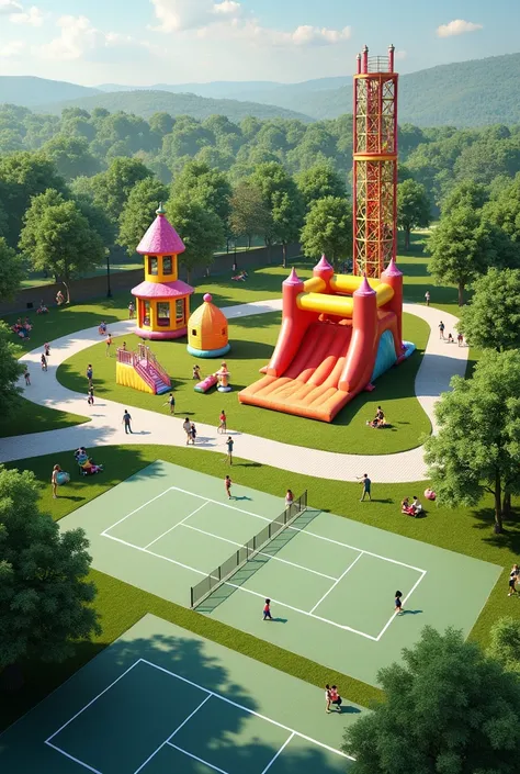 outdoor playground with car parking. There are jumping castle and 3-floor rope course. Also has two soft tennis courts