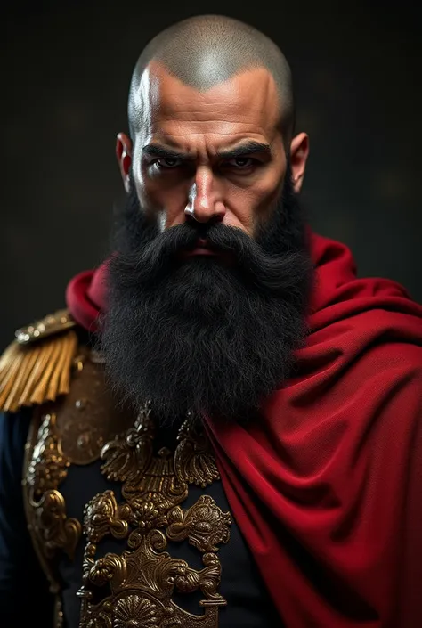 Very muscular man, in the uniform of a Spanish royal guard, black shaved hair,full black beard, intense and dangerous look ,big man. high resolution,  masterpiece , Necessary,  Anatomically correct,  Awarded multiple times ,  best quality, detail, HD model...