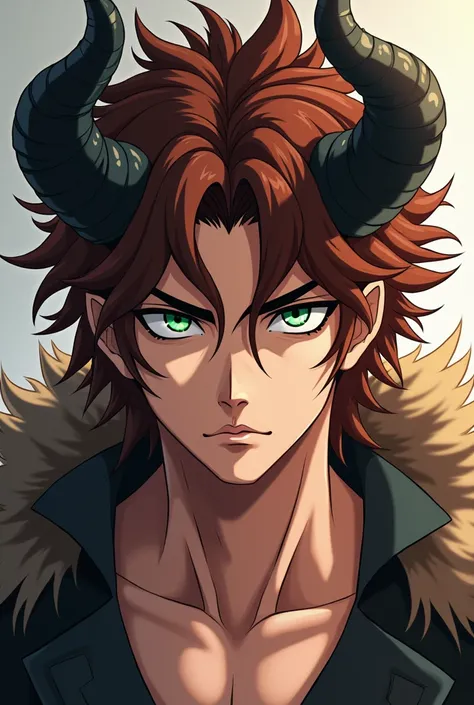 brown hair with goat black horn and half blind half light green eyes hot daddy anime men