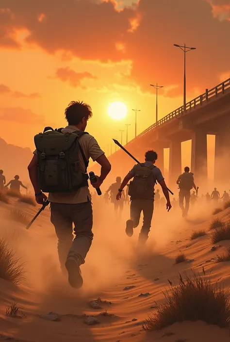 In the middle of a vast, arid desert, the protagonist and Fred Scott sprint across the shifting sands as the sun sets, painting the sky in hues of orange and crimson. Behind them, a horde of ravenous, decaying zombies stumbles forward, their rotting limbs ...