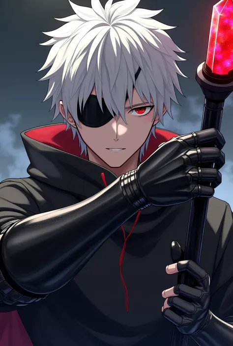 A male character with white hair and a black eye patch  , one hand is made of black metal and holds a black stick with a red crystal in the anime style 