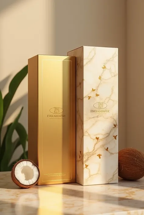 THE DESIGN OF THE PACKAGE IS A SMOOTH GOLDEN BOX ALTERNATING WITH A SMALL BIRD PATTERN, A TALL, VERTICAL BOX WITH A SLIGHT MARBLE PATTERN, EMBOSSED PINNARA LOGO, WITH A COCONUT IMAGE IN THE BROWN LOGO. IT SAYS COCONUT OIL SERUM.