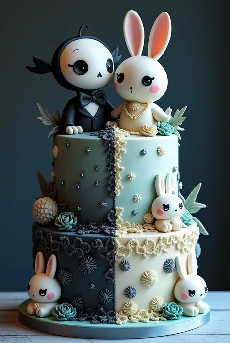 a two-story cake with a double theme , The dark colored half of the movie The  of the Bride and the Other Half Cinamoroll-themed light colors