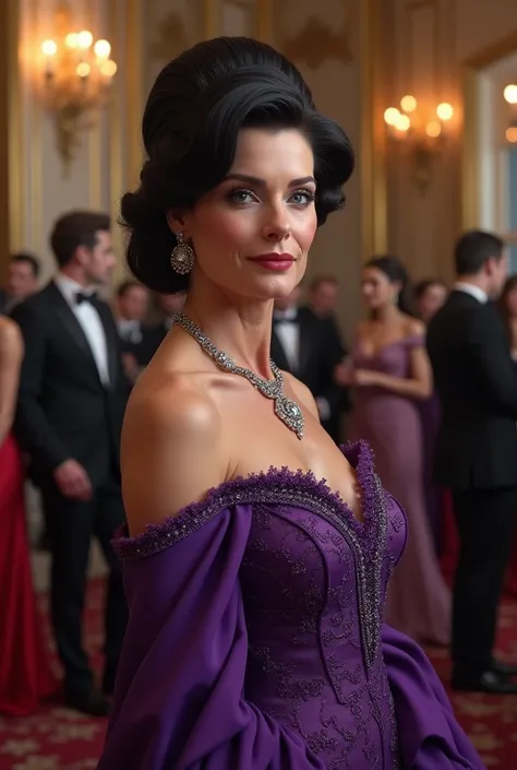 an older woman, with wavy black hair,  blue eyes, with an elegant purple dress, at a gala, 