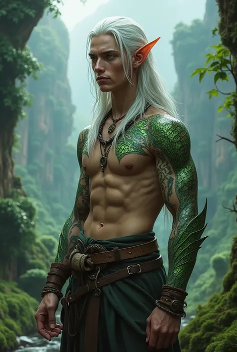  White-haired male elf,  light green eyes , draconic body tattoos and adventurers clothing 