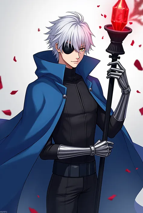 A male character with white hair and a black eye patch  , with a large blue cloak, one hand made of black metal and holding a black stick with a red crystal in the anime style is more simplified 