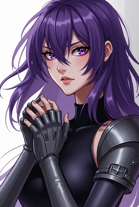 Make a woman, purple haired, eyes of the same color, and white skin, wearing armor on hands, in manga style 