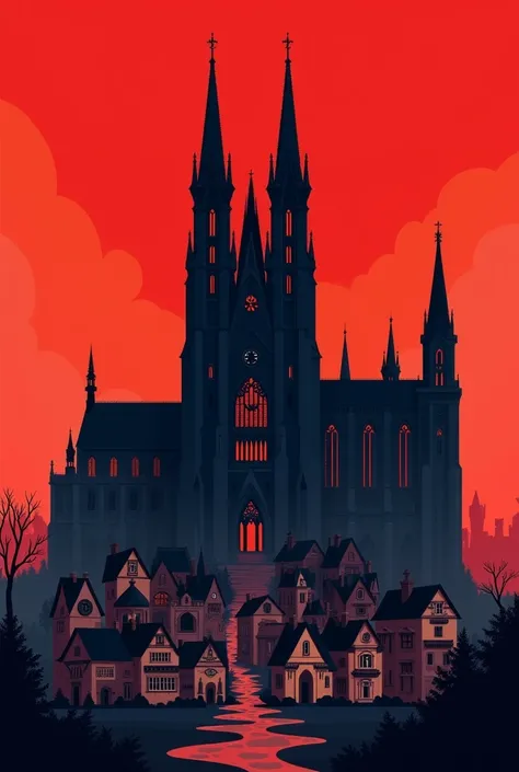 Tall Black cathedral with multiple towers, surrounded by small noble medieval houses with a red sky all drawn in a 2D style and seen from the front.