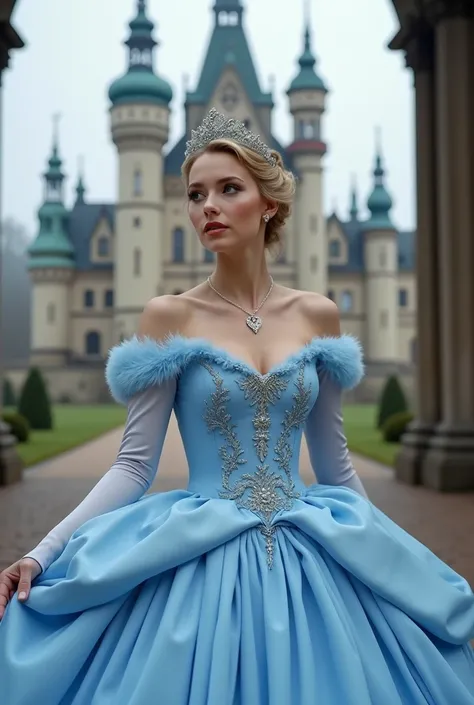   Ultrarealistic photo model woman sexy.Cinderella. blue ball gown.In the background Moritzburg Castle  