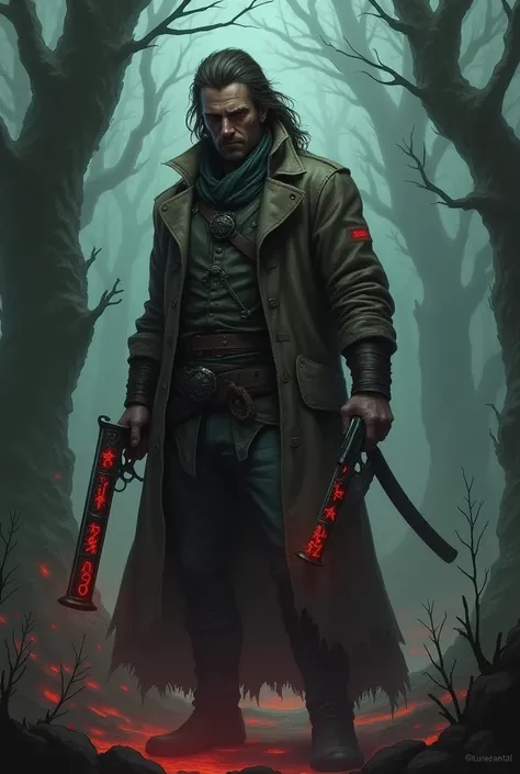 
Create a dark fantasy RPG scene in a semi-realistic style with a gothic, oppressive atmosphere. The character is a rugged gunslinger in a tattered coat, wielding a worn flintlock pistol engraved with glowing red runes. He stands in a cursed forest, surrou...