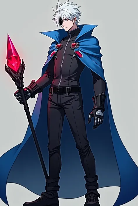 A male character with white hair and a black eye patch  , with a large blue cloak, only one hand made of black metal and holding a black stick with a red crystal in the anime style is more simplified 