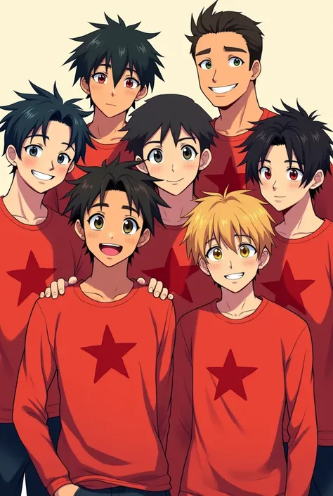 Create an image of several ren smiling in red shirts, and on the shirts a red star  