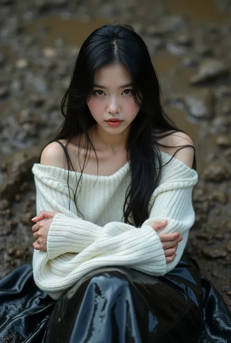 ( Super Detailed ) best quality:Full-body portrait of a 25-year-old woman 在、 Exquisite beautiful face, deep eyes, A beautiful lady, Asian, Japanese, Long hair, poker face, no smile, Low height, whole body lying On a muddy floor in a playground,, Wearing a ...