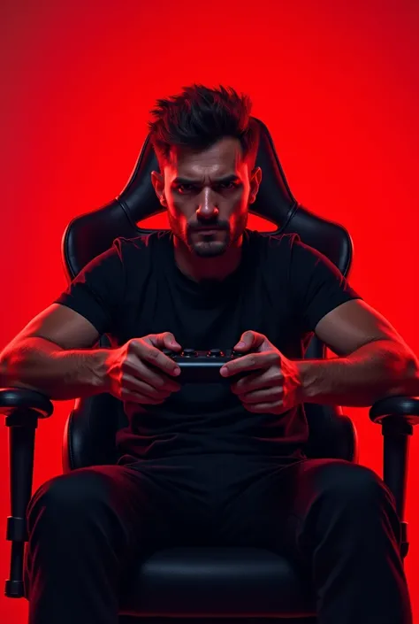 A man from the front seated in a gamer chair with a red background 