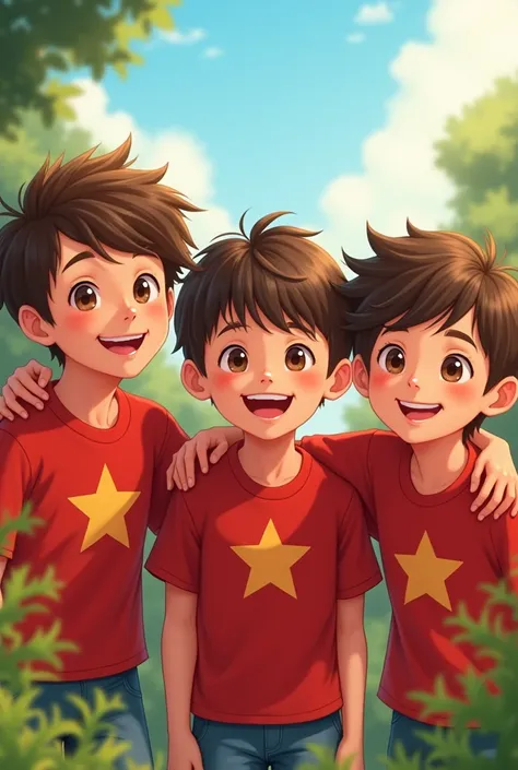 Create an image of several cute boys smiling in red shirts, and on the shirts a red star  