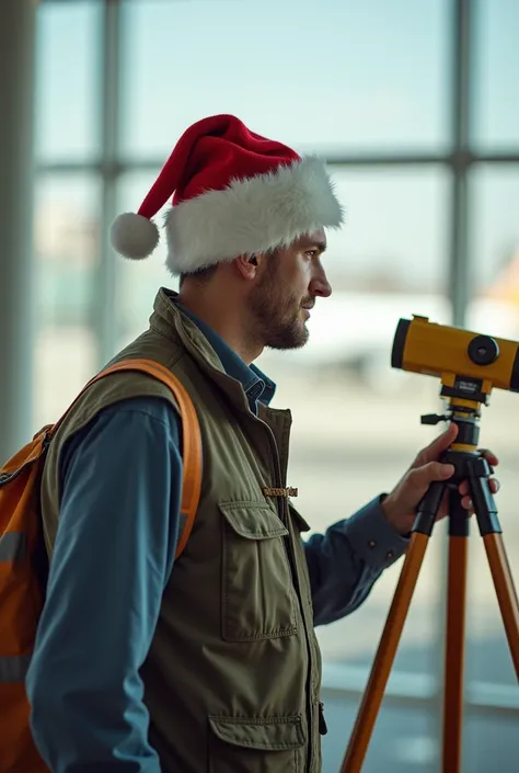 Topographer measuring with Christmas hat at an airport 