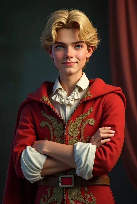 Handsome young prince , blond hair,  arrogant look and sarcastically singing smile ,  arms crossed and wearing the clothes of a Spanish prince. high resolution,  masterpiece , Necessary,  Anatomically correct,  Awarded multiple times ,  best quality, detai...