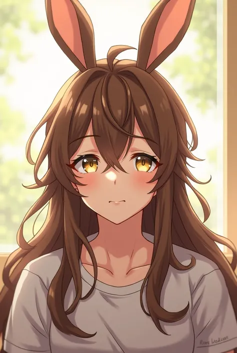 Long Brown hair with rabbit ear light yellow eyes handsome anime boy
