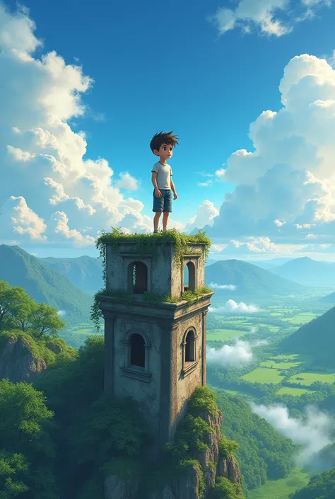 Make a young boy set on the top of the old building and see old natute like beautiful shiney sky and clouds and gree trees and grass biy age is 19