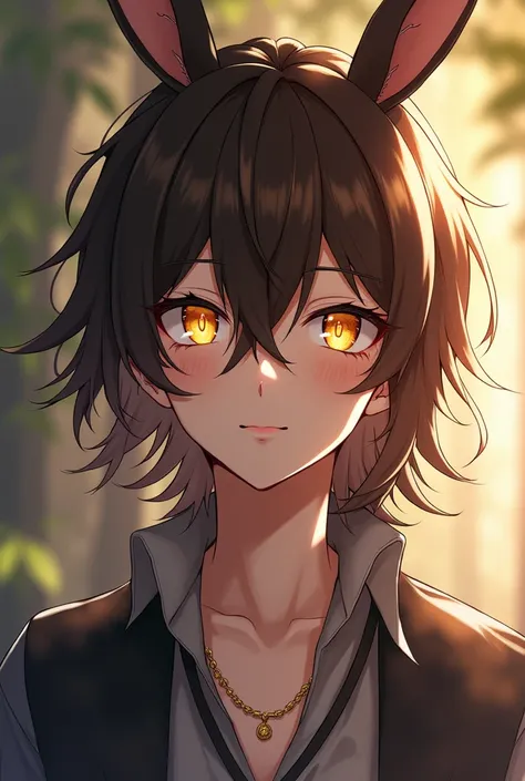 Long Brown hair with rabbit ear light yellow eyes handsome anime boy boy
