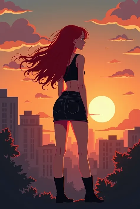 (( best illustration )) Brazilian girl,  red hair,  adolescent body, black top, tight black skirt, black boots, urban landscape, building, skyline, sunset, silhouette against the clouds, Contemplative.   Animated Style , 