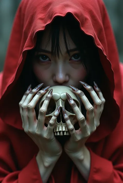 close-up： a woman，Skeletons in Hand ， Wears a Red Cloak ,  Japan 3D 8K Super Fine ,  Cyberpunk Geisha ,  Ghost in the Shell Geisha ,  Complex and Gorgeous Anime CGI Style, Inspired by Ai Xuan, cgsociety 和 fenghua zhong, The Queen of China , Inspired by Lan...