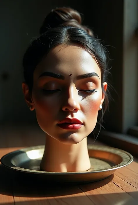 ((Indian Bride Disembodied head with beautiful face wearing makeup)), severed head on platter, Hair Bun, looking away from camera, eye closed, frown, extremely detailed skin texture, best quality, natural light