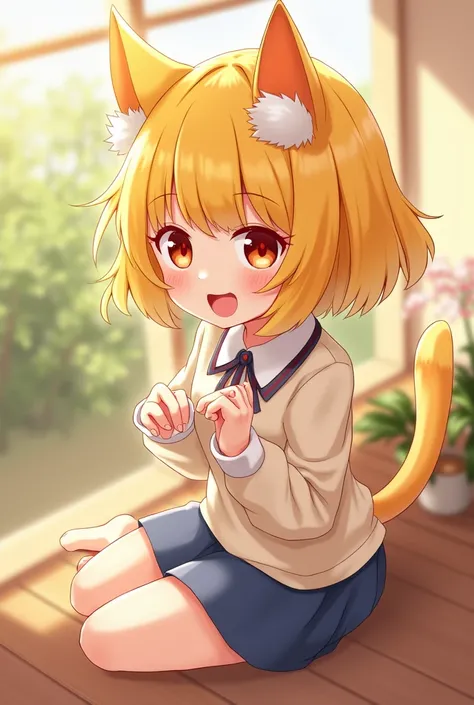 Make a cute character with short yellow hair and red eyes. Except for animal ears, the corners of the eyes rise slightly to the shape of a fox, and a character thats not too young, but as a person instead of an animal