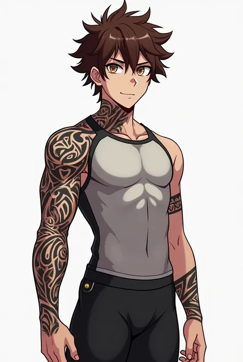 Anime male character of 1 .63 tall with curly brown hair and hazel eyes white skin with tribal-style tattoos on the arm and neck and dressed in a compression shirt for gym and a gym shorts 