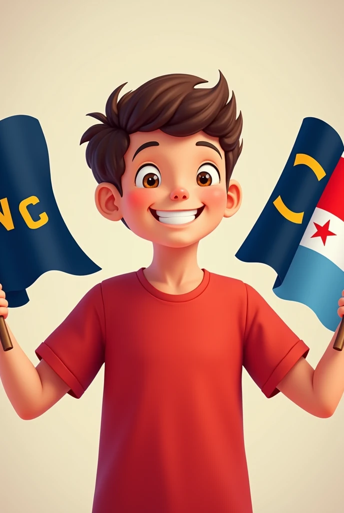  Create me an image of a cheerfully smiling boy wearing a red shirt, and in his hand flags with the letters Nc and a red star 