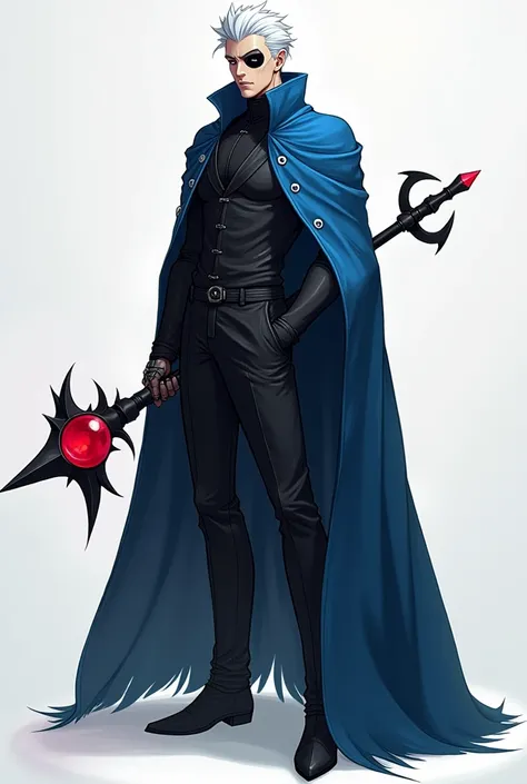 A male character with white hair and a black eye patch  , with a large cloak that covers his entire body in blue, only one hand made of black metal and holds a black stick with a red crystal in his hand, its more simple to make it cooler 2D , he should be ...