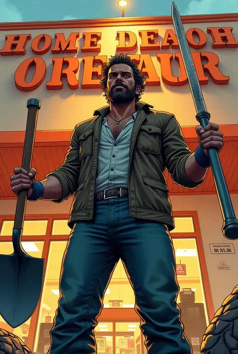 there is a man with a shovel and a knife in front of a home depot, photo illustration, inspired by Tim Doyle, hq artwork, promo art, promo image, 🕹️ 😎 🔫 🤖 🚬, by Tim Doyle, commercial illustration, promotional art, artwork masterpiece, 🎨🖌️, fanart, cover sh...