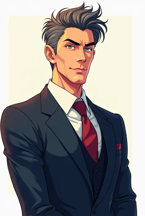 Handsome 50 year old man wearing suit based on anime cartoon