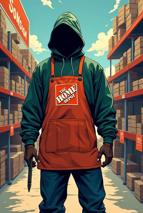 GTA vice city art style, graffiti, full body illustration of an anthropomorphic Paintbrush in silhouette, wearing a hoodie hip hop clothing & orange home depot apron, gangster pose, background Home Depot Store background, minimalistic, rtx, UHD, cell shadi...