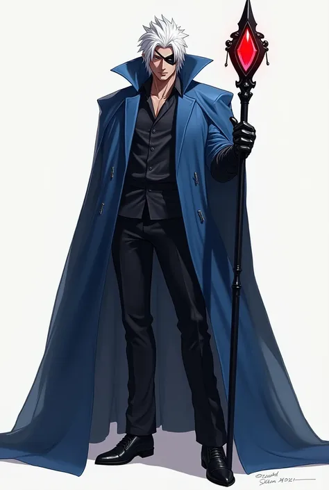 A male character with white hair and a black eye patch  , with a large cloak that covers his entire body in blue, only one hand made of black metal and holds a black stick with a red crystal in his hand, its more simple to make it cooler 2D , he should be ...