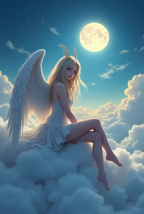 (( better quality )), (( masterpiece )), (Detailed), together,  ethereal beauty, perched on a cloud, ( Fantasy illustration :1.3),  charming look, leotard, pantyhose, socks, body, Captivating pose, delicate wings,  otherworldly charm, mystical sky, big moo...