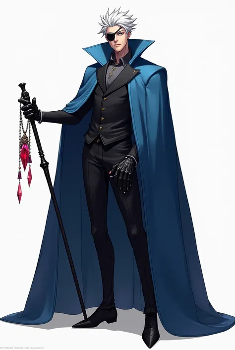 A male character with white hair and a black eye patch  , with a large cloak that covers his entire body in blue, only one hand made of black metal and holds a black stick with a red crystal in his hand, its more simple to make it cooler 2D , he should be ...