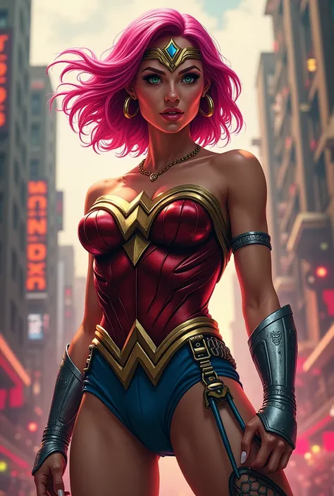 Wonder Woman rock version .  Short pink hair with big curves.