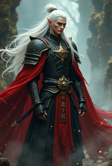  long white-haired male elf with samurai bun,  light green eyes , black and red wizard armor 