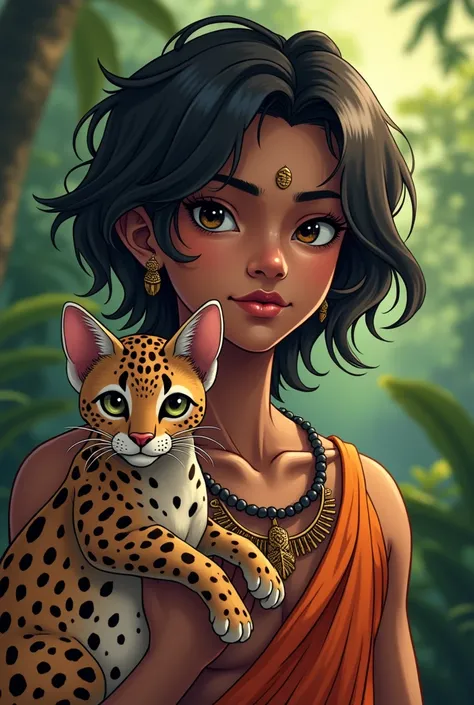  Indigenous Venezuelan male with soft feminine features young, slightly long hair, moreno, dressed in a typical way carrying an ocelot .

anime