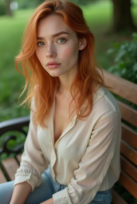 	une photo dune femme qui est assis sur un banc dans un parc ! et la femme a les Cheveux Roux clair (rouge clair) avec des nuances cuivrées subtiles et naturelles Yeux : Vert kaki uniques, avec une teinte distincte Visage :
	•	Forme ovale.
	•	Mâchoire légè...